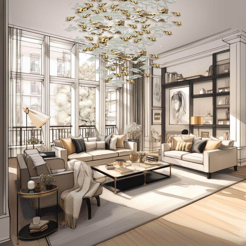 Living room interior design with bespoke chandelier